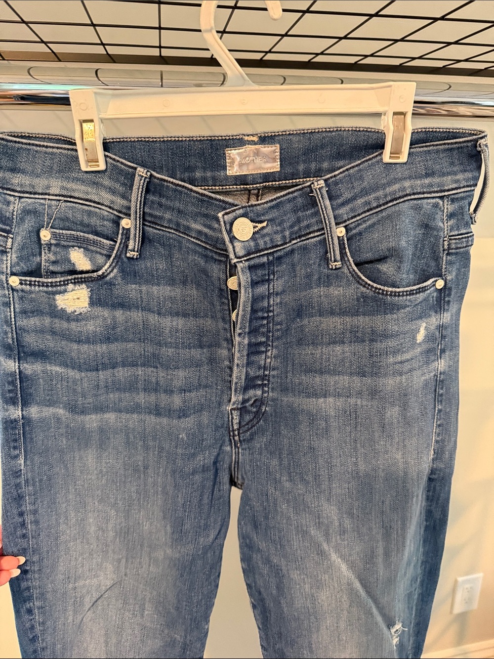 MOTHER Distressed Boyfriend Jeans in Faded Blue